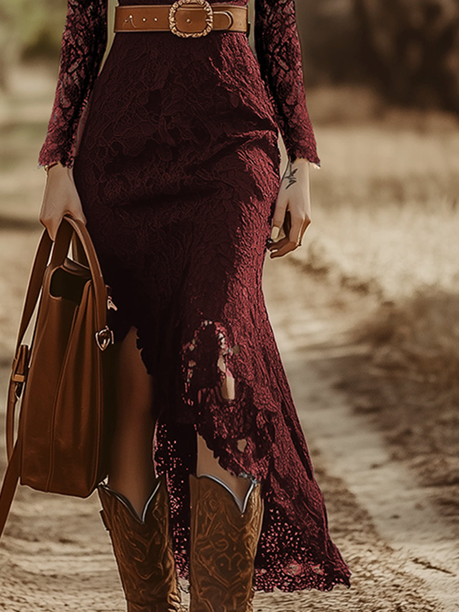 Vintage Bohemian Blue Lace Long Sleeve Midi Dress