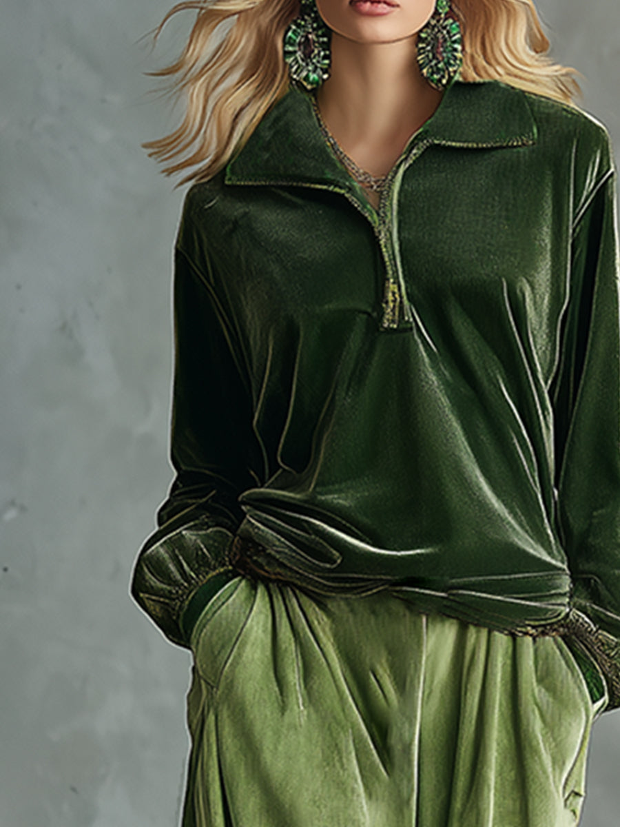 Trendy Retro Sporty Green Velvet Top And Leopard Print Wide-leg Pants Set