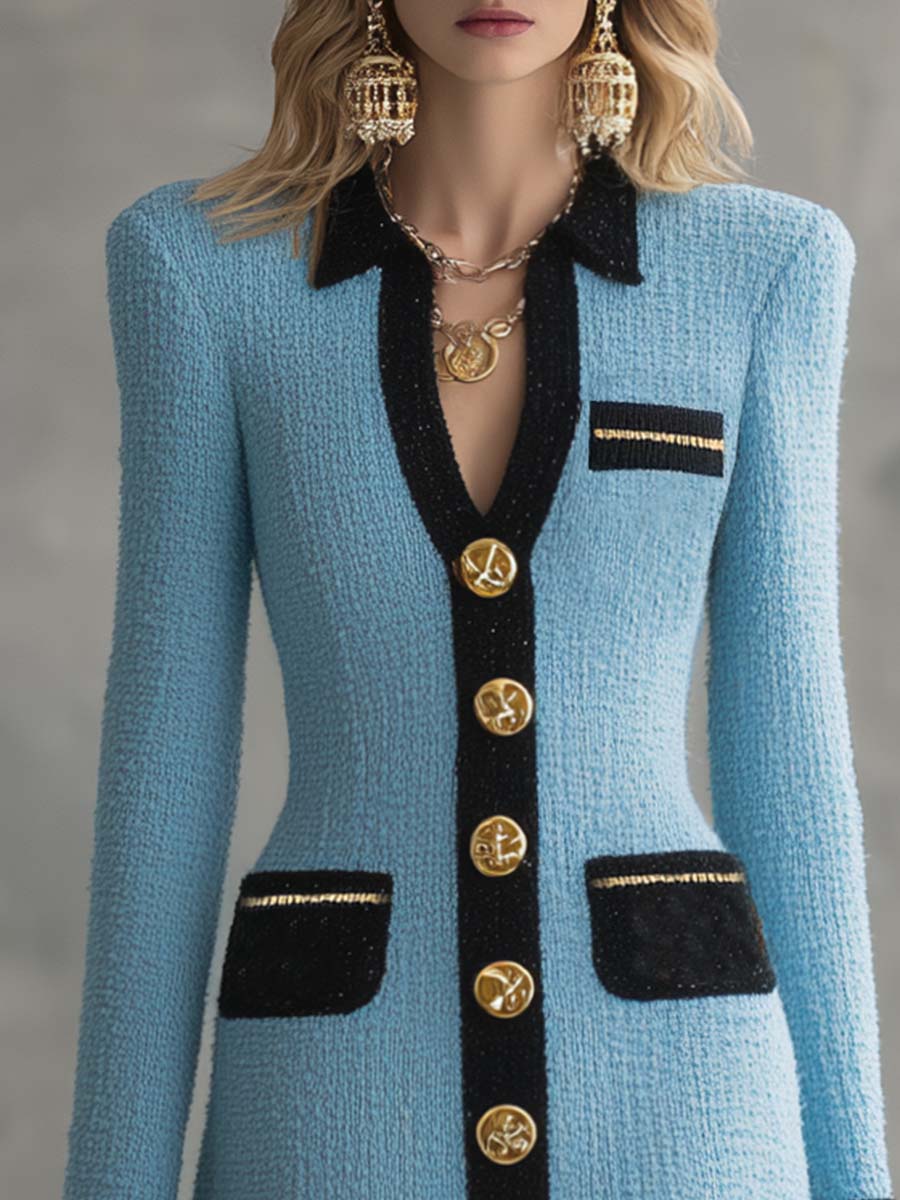 Vintage Classic V-neck Front Metal Button Black Trim Sky Blue Tweed Mini Dress
