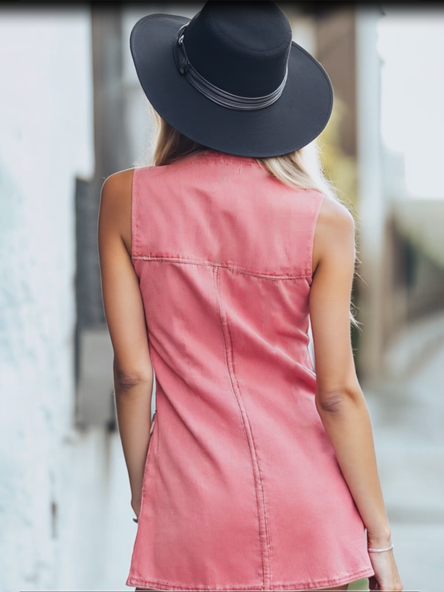 【24-hour shipping out】Chic Pink Denim Button Front Sleeveless Mini Dress
