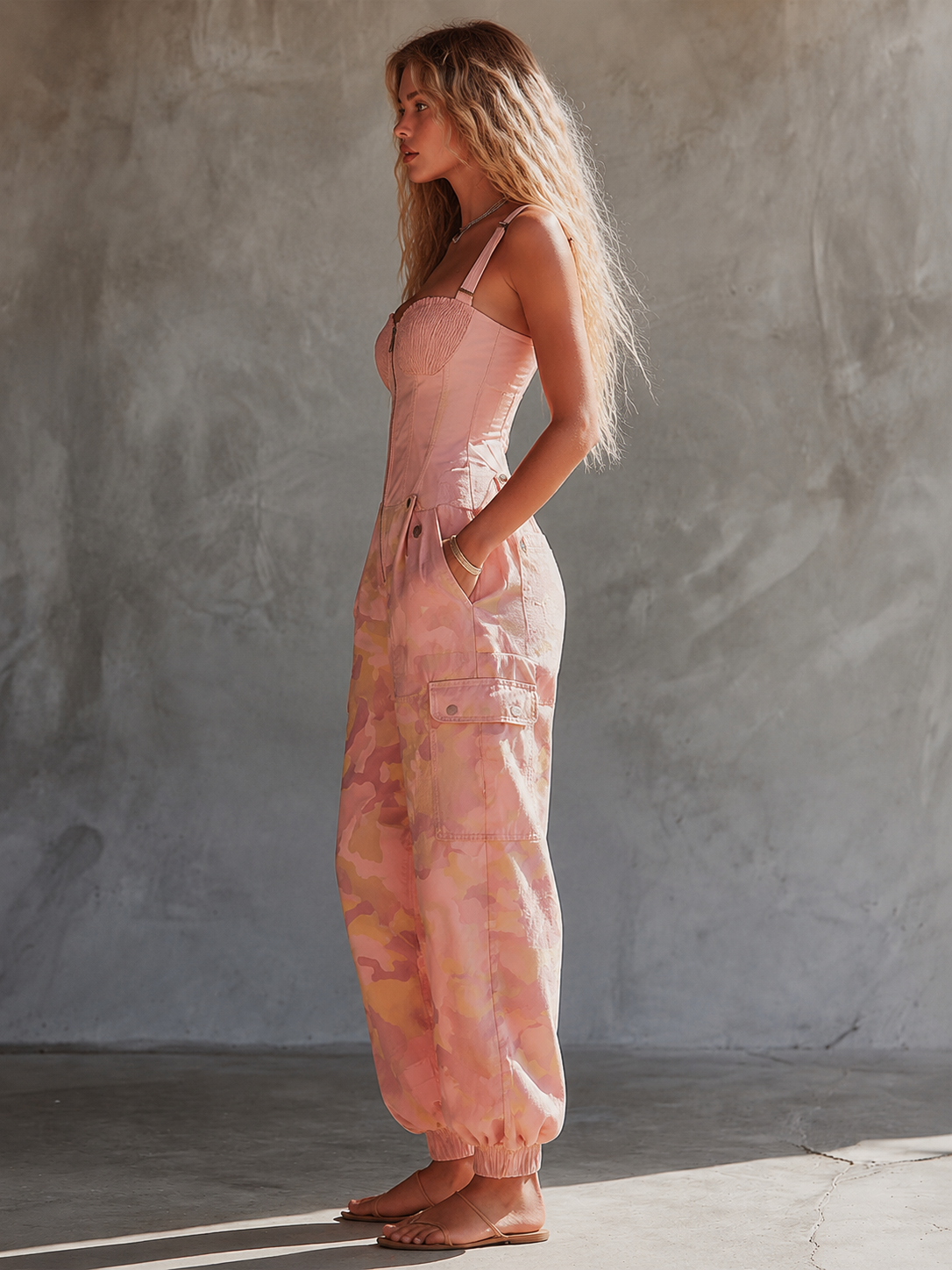 Women's Pink Camouflage Utility Cargo Jumpsuit