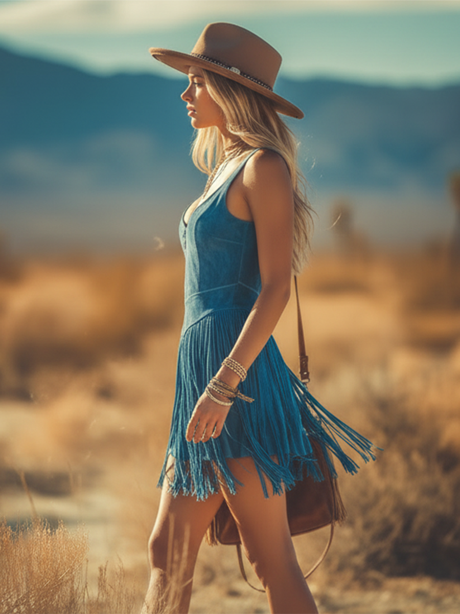 Western-inspired Bohemian Retro Sleeveless Fringed Faux Suede Mini Dress