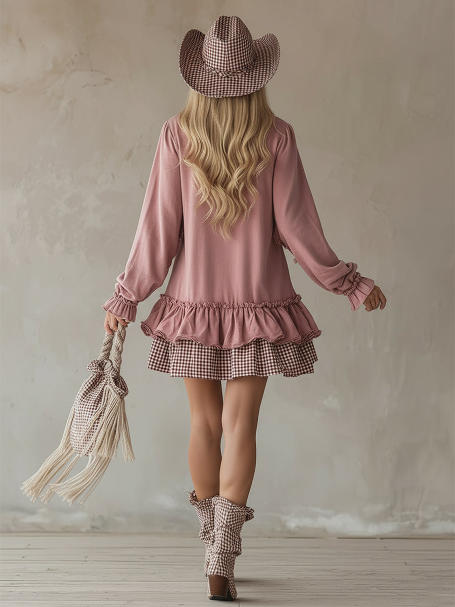 Retro Sporty Style Checkered Trim Powder Pink Sweatshirt Mini Dress