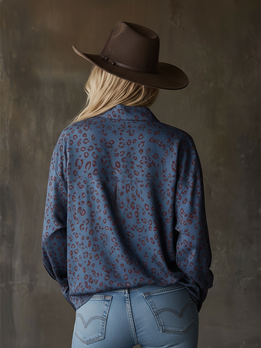 Western-style Casual Leopard Print Blue Faux Suede Shirt