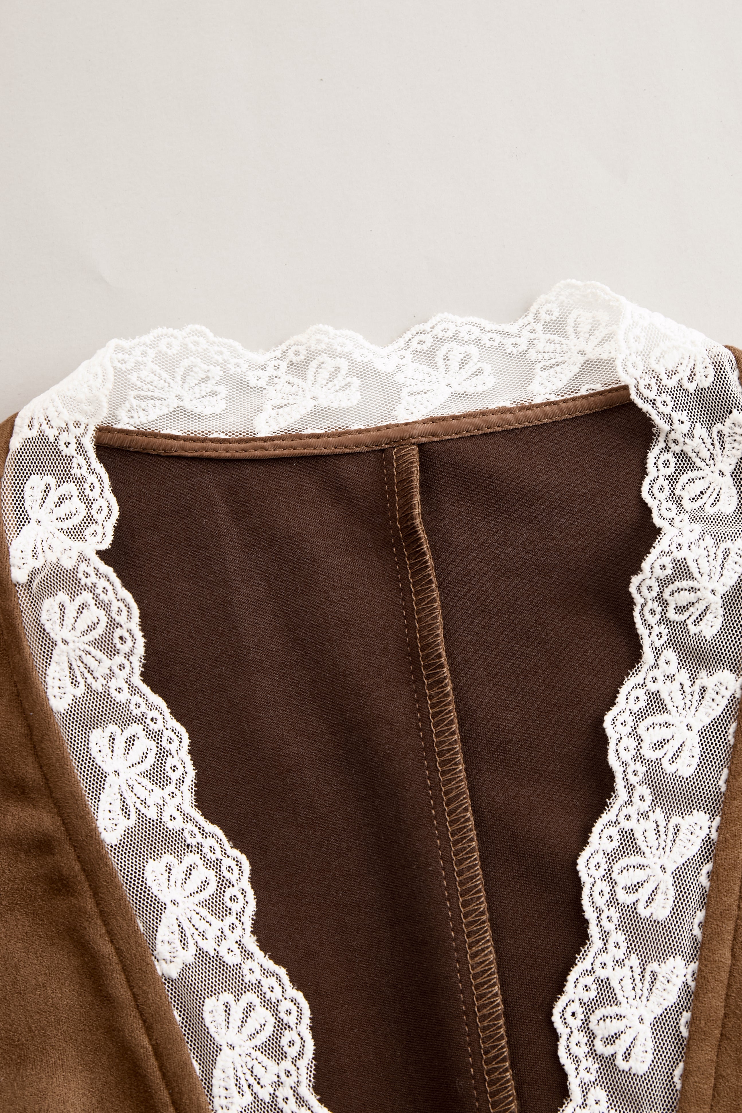 Romantic Western Style Lace Sleeves Brown Suede Shirt