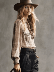 Vintage Western Ruffled V-neck Beige Leopard Print Suede Blouse Tops