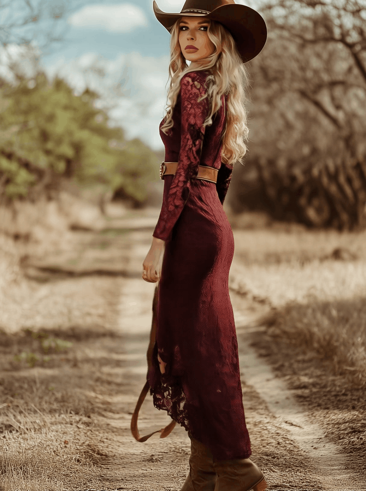 Vintage Bohemian Blue Lace Long Sleeve Midi Dress