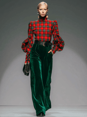 Trendy Retro Plaid Velvet Turtleneck Long-sleeved T-shirt And Wide-leg Pants Set