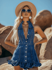 【24-hour shipping out】Fashionable Denim Ruffle Sleeveless Button Mini Dress
