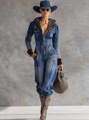 Vintage Casual Western Hooded V-neck Zipper Velvet Stitching Blue Denim Jumpsuit