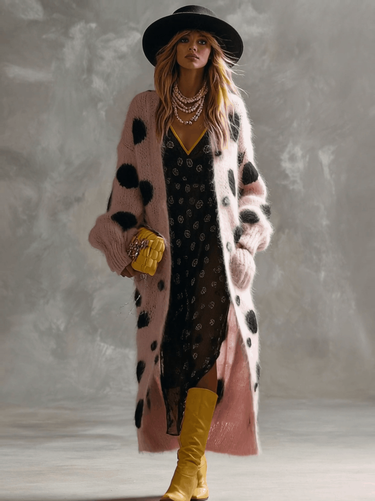 Vintage Fashion Lazy Front Button Black Polka Dot Pink Imitation Rabbit Fur Knitted Long-sleeved Cardigan