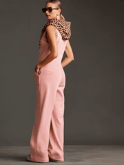 Western Retro Pink Faux Suede Sleeveless Leopard Print Hooded Wide-Leg Jumpsuit