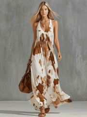 Vintage Brown Cow Print White Chiffon Sleeveless Maxi Dress