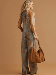 Vacation Retro Bohemian Print Chiffon Sleeveless Wide-Leg Jumpsuit