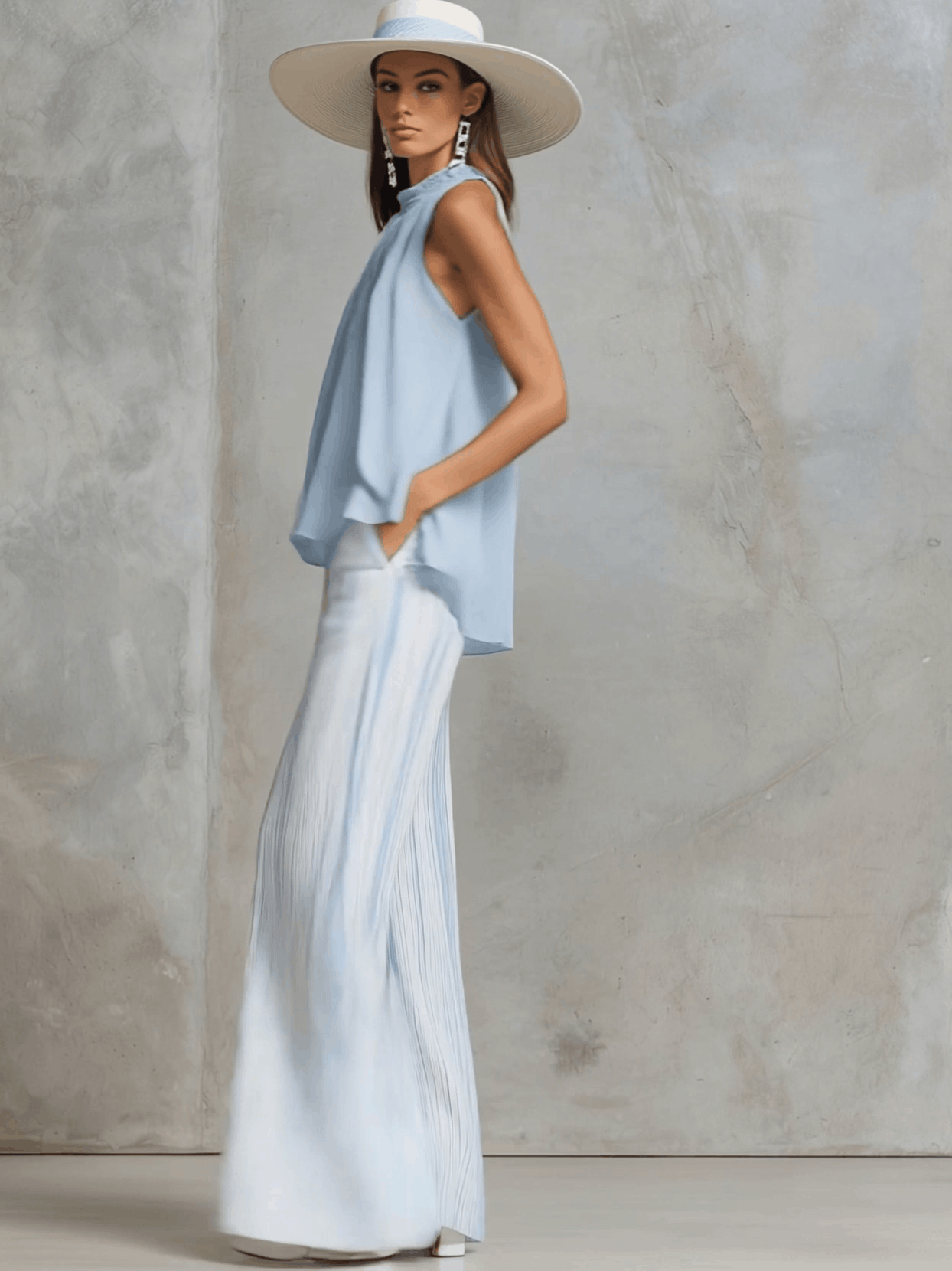 Vacation Light Blue Chiffon Sleeveless Top And Striped Wide-leg Pants Set