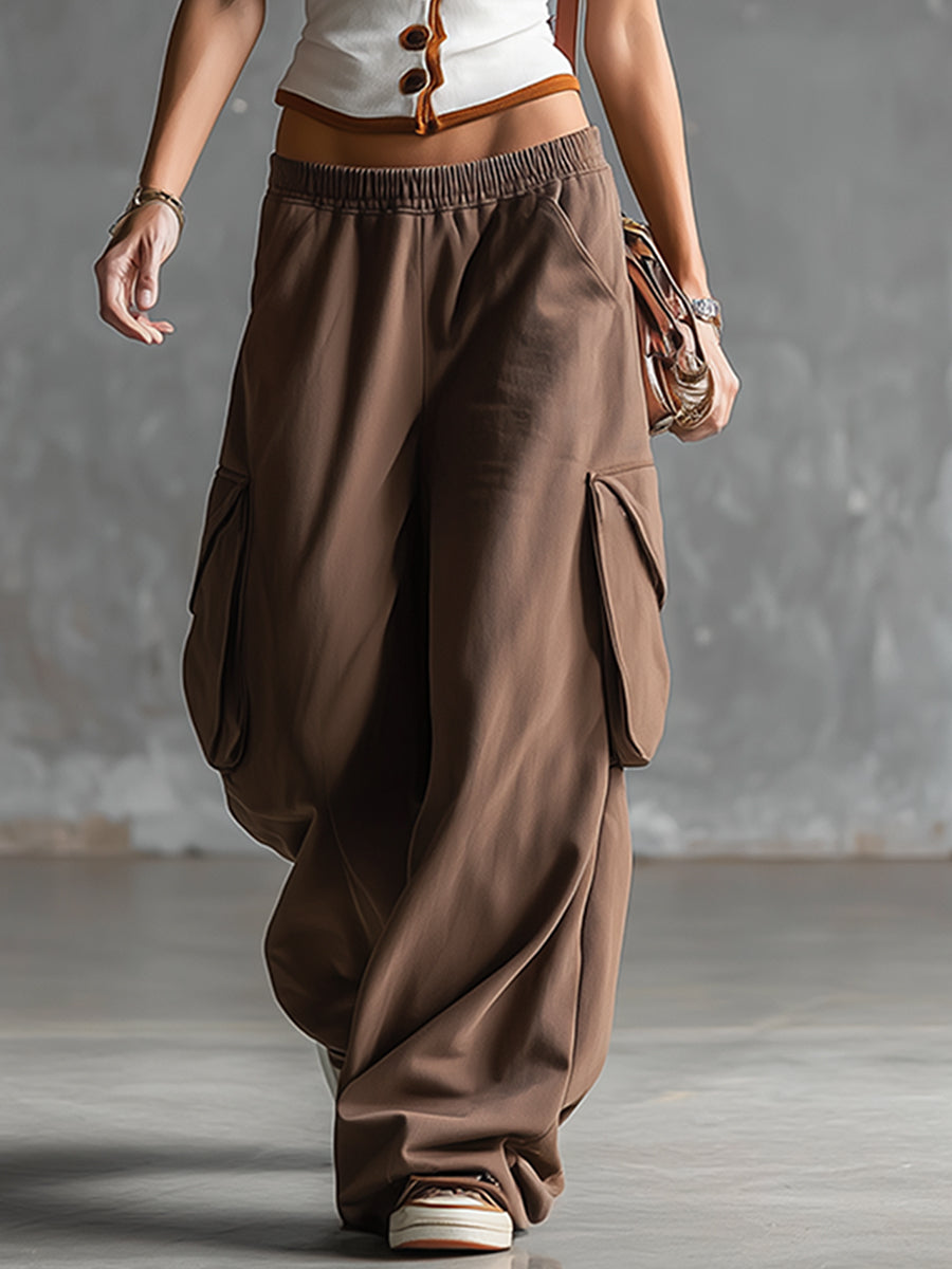 Stylish Sporty White Tank Top And Brown Sweatpants Set