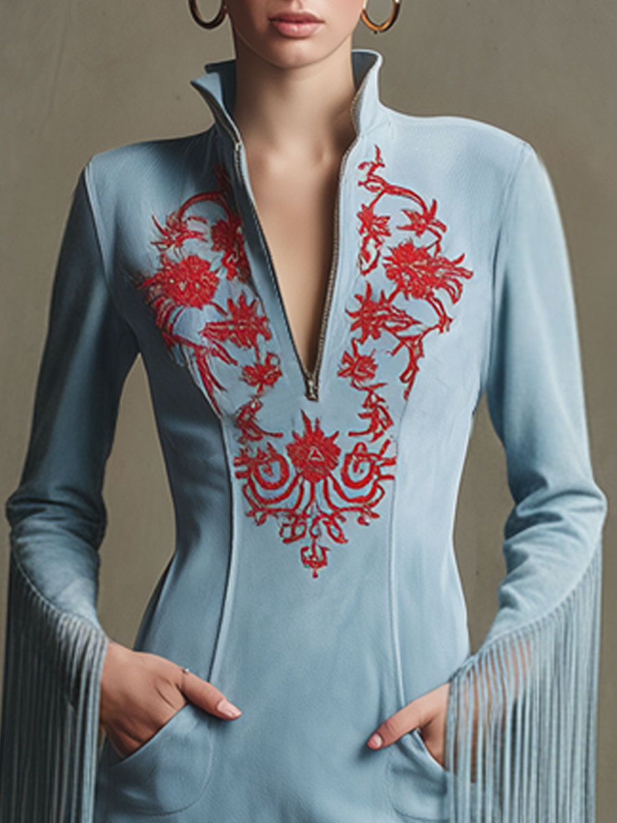 Western Retro Red Embroidered Blue Faux Suede Long-Sleeved Tassel Mini Dress
