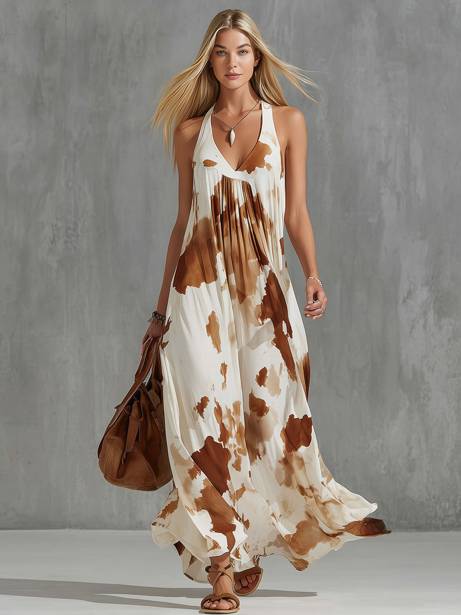 Vintage Brown Cow Print White Chiffon Sleeveless Maxi Dress