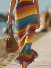 Retro Western Style V-Neck Colorful Striped Breathable Knitted Maxi Dress