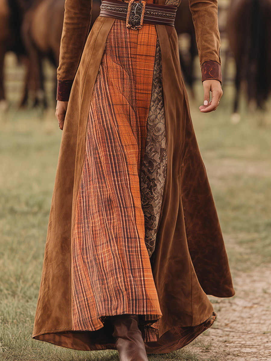Western Retro Lace-Up Plaid Patchwork Caramel Faux Suede Maxi Dress