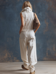 Stylish Silhouette White Denim Sleeveless Jumpsuit