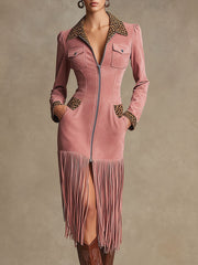 Western Retro Leopard Print Pink Faux Suede Zipper Tassel Midi Dress