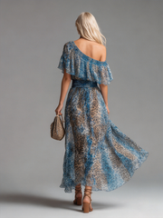 Stylish And Elegant Off-the-shoulder Short-sleeved Leopard Print Chiffon Maxi Dress