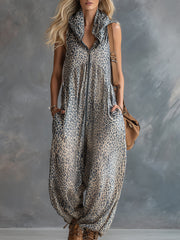 Stylish Urban Apricot-colored Leopard Print Hooded Chiffon Jumpsuit