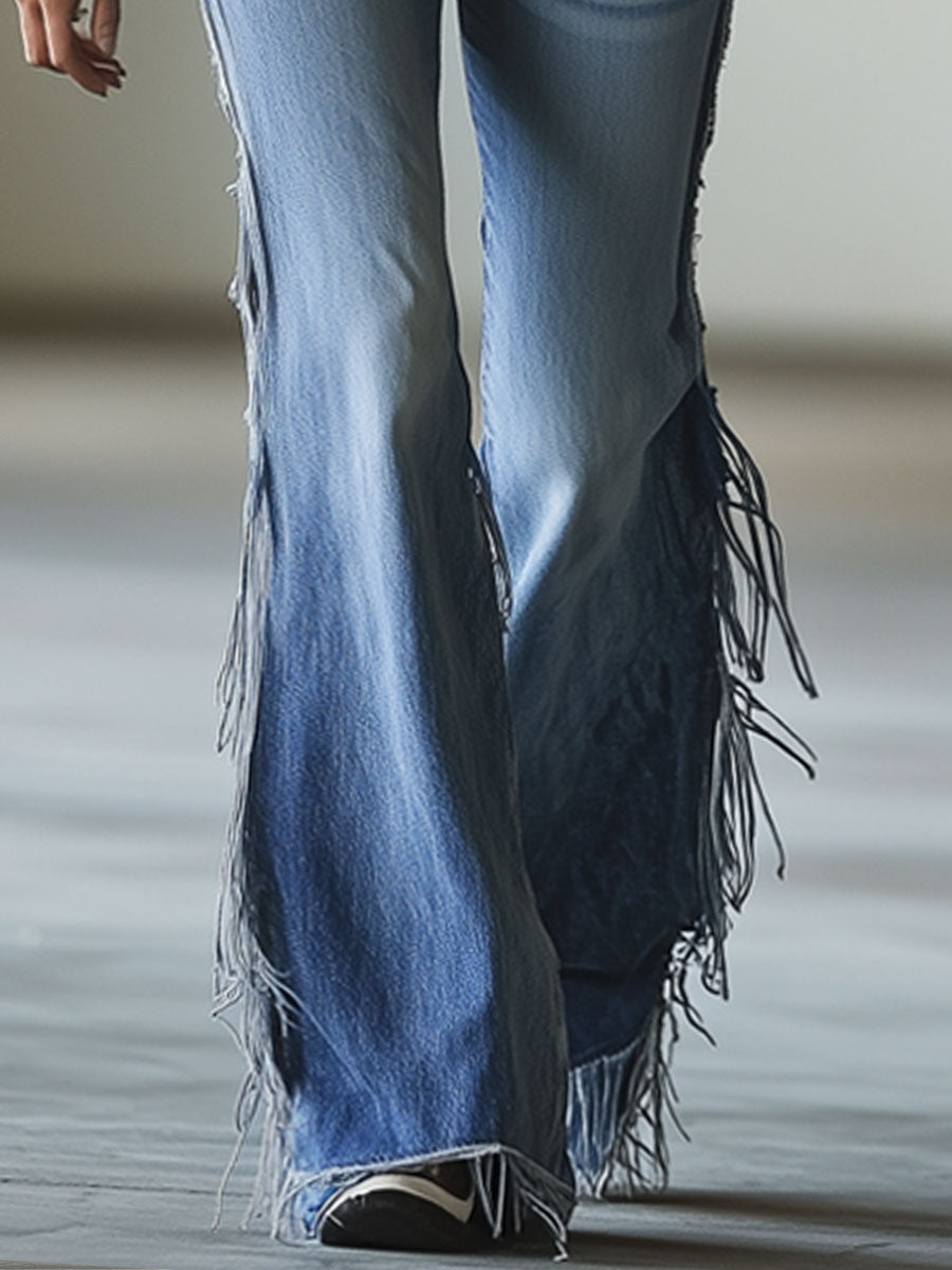 Vintage Blue Flared Fringe Jeans