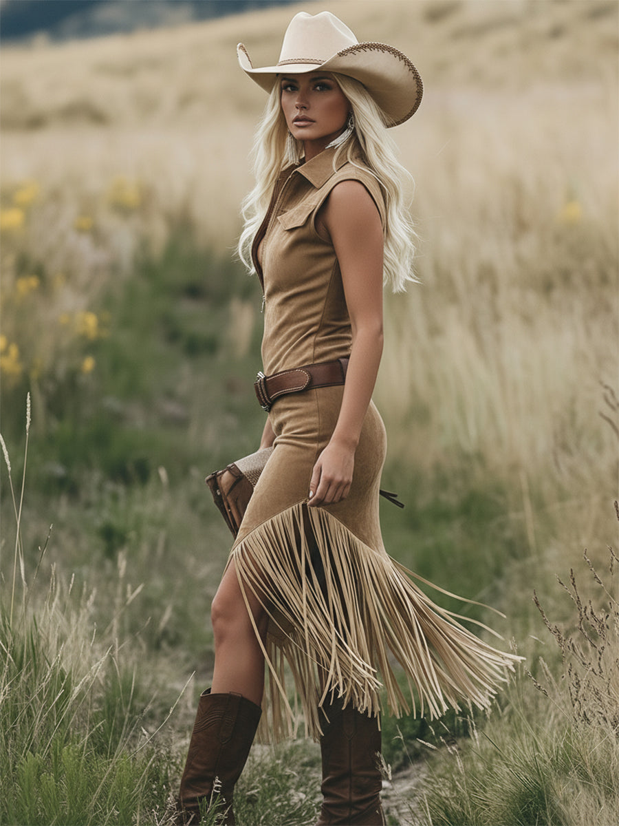 Retro Western-style Light Brown Sleeveless Tassel Midi Dress
