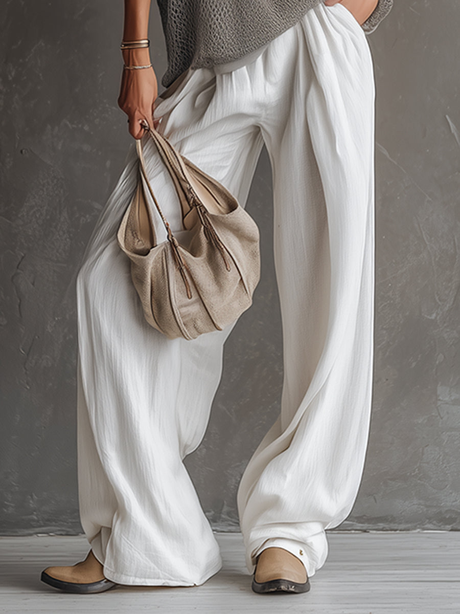Simple Urban Gray Mesh Knit T-shirt And White Cotton Linen Wide-leg Pants Set