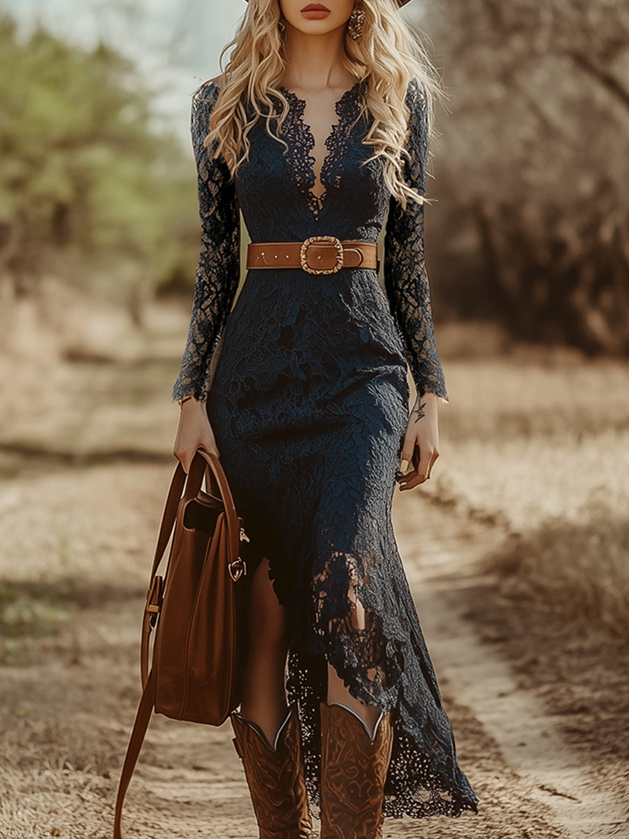 Vintage Bohemian Blue Lace Long Sleeve Midi Dress