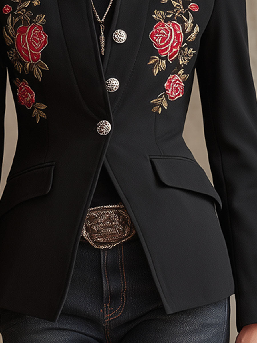 Stand Collar Single-breasted Rose Embroidered Woolen Blazer
