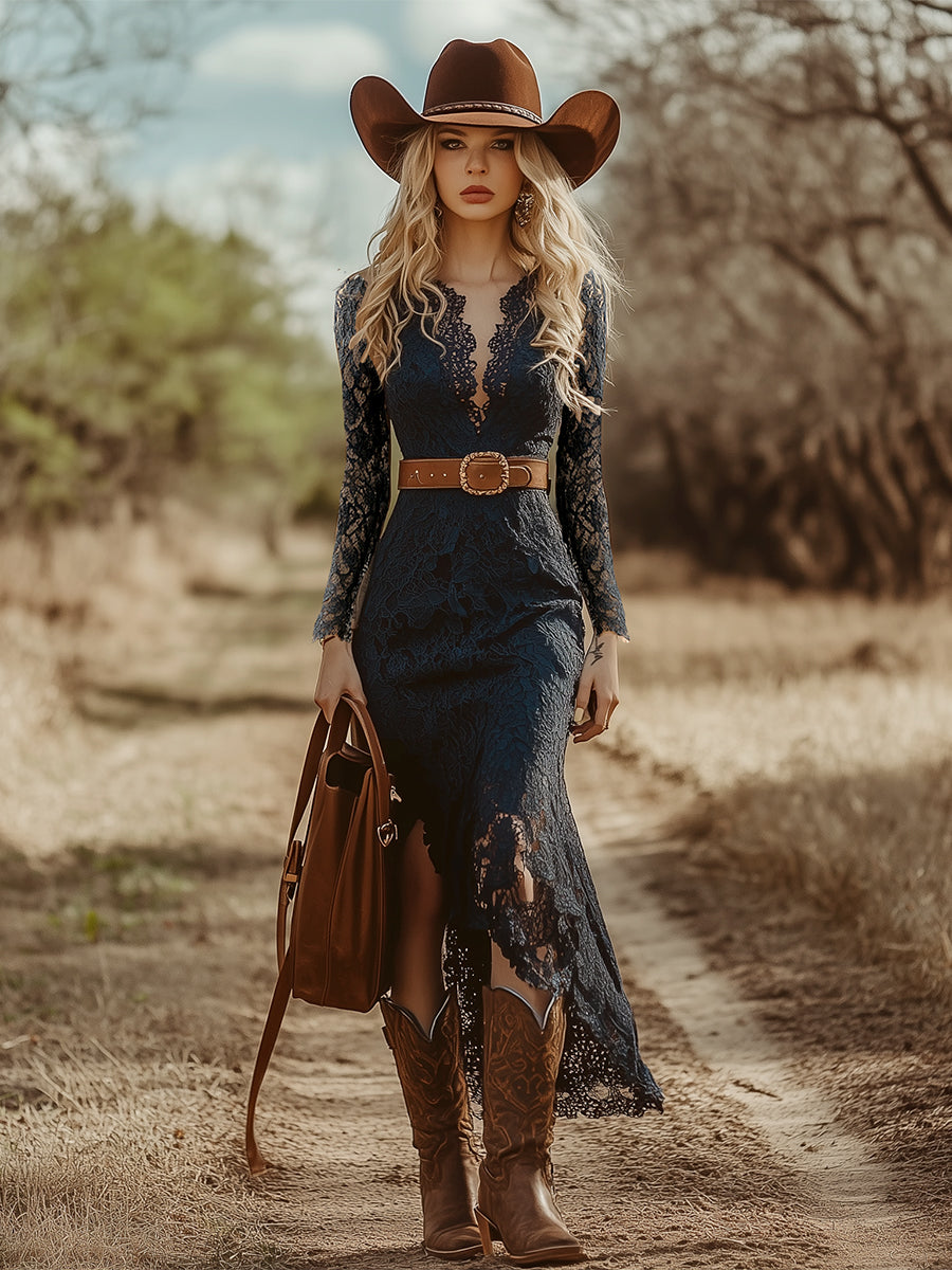 Vintage Bohemian Blue Lace Long Sleeve Midi Dress