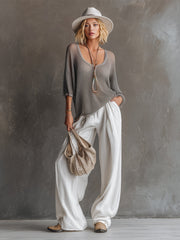Simple Urban Gray Mesh Knit T-shirt And White Cotton Linen Wide-leg Pants Set