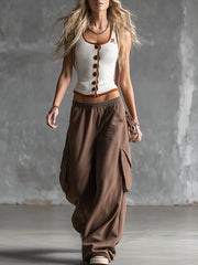 Stylish Sporty White Tank Top And Brown Sweatpants Set