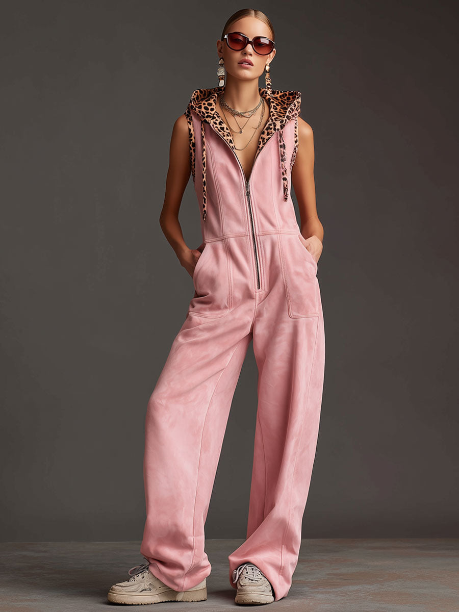 Western Retro Pink Faux Suede Sleeveless Leopard Print Hooded Wide-Leg Jumpsuit