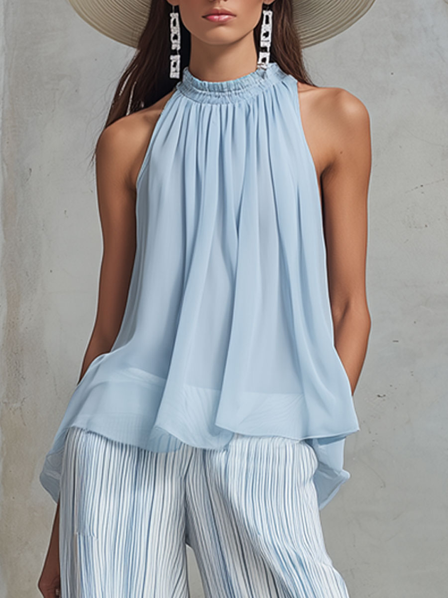 Vacation Light Blue Chiffon Sleeveless Top And Striped Wide-leg Pants Set