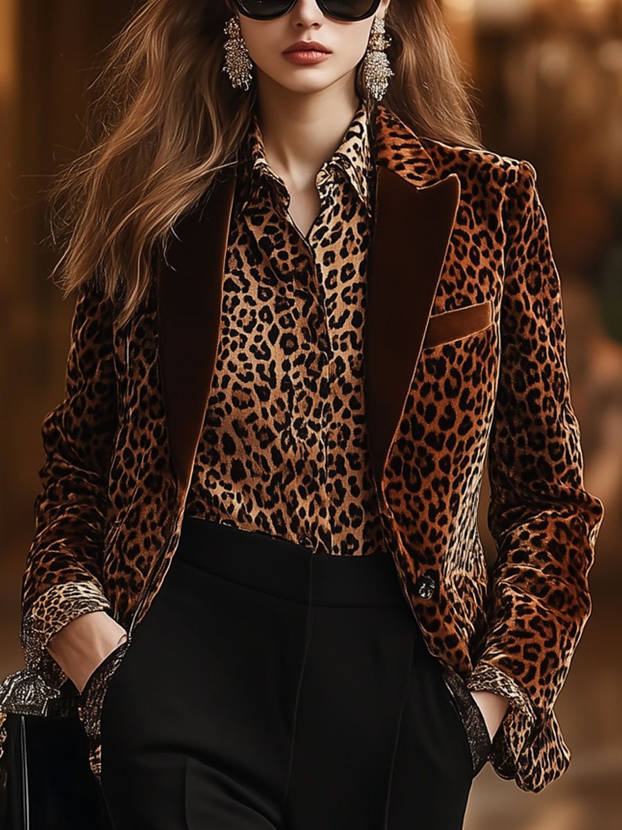 【24-hour shipping out】Casual Loose Retro Velvet Leopard Print Collar Blazer