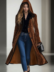 【24-hour shipping out】Casual Loose Vintage Velvet Leopard Print Black Trim Hooded Long Coat