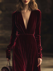 【24-hour shipping out】V-Neck Retro Solid Color Velvet Long-Sleeved Midi Dress