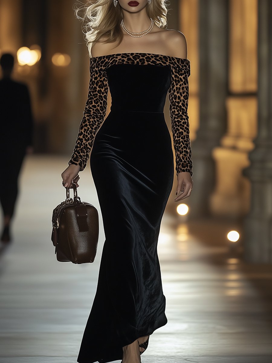 【24-hour shipping】Retro Elegant High-End One-Shoulder Leopard Print Velvet Dress