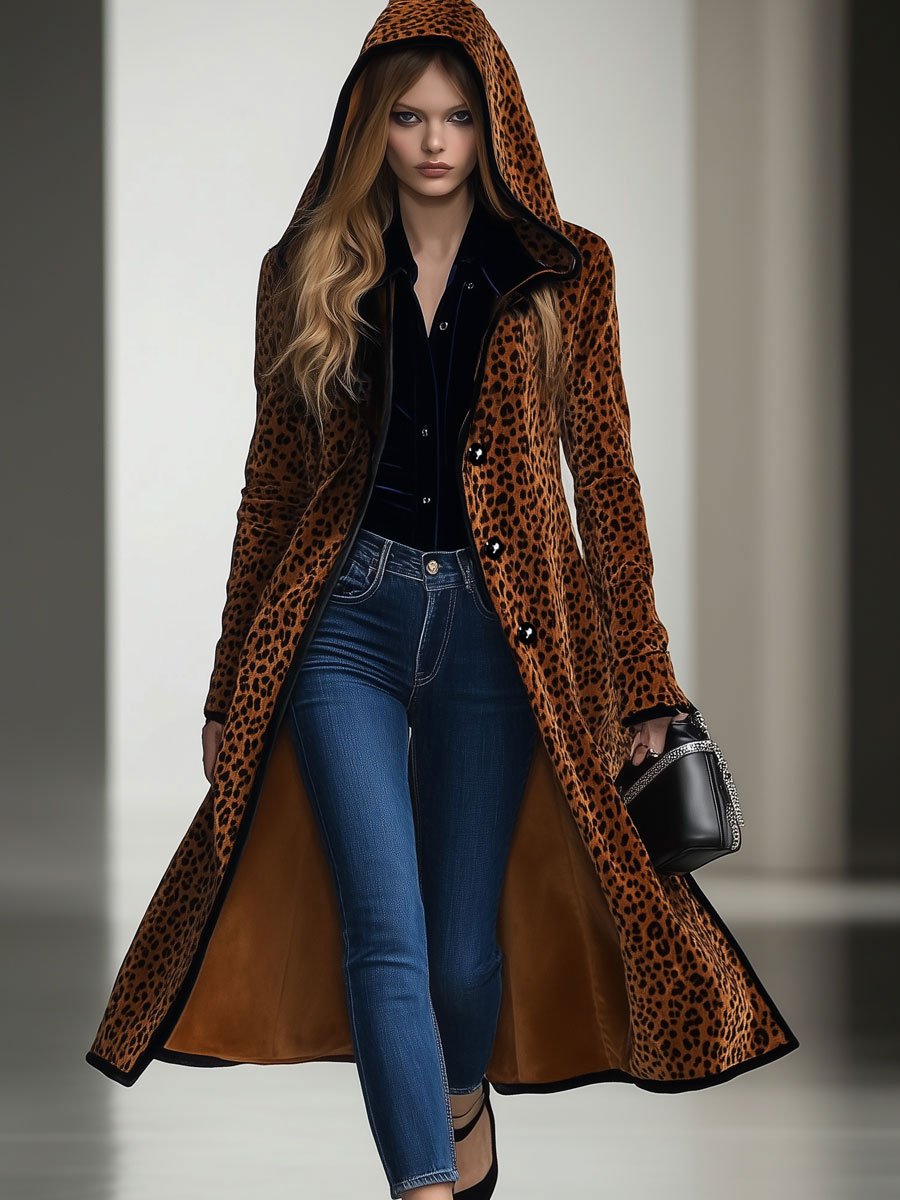 【24-hour shipping out】Casual Loose Vintage Velvet Leopard Print Black Trim Hooded Long Coat