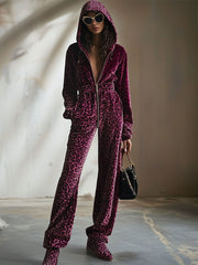 【24-hour shipping out】Casual Retro Purple Velvet Leopard Print Elastic Waist Zipper Hooded Jumpsuit