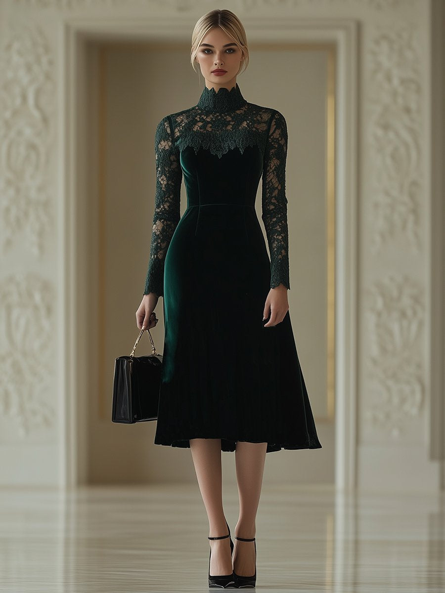 【24-hour shipping out】Elegant Retro Velvet Stitching Lace High Collar Long Sleeve Midi Dress
