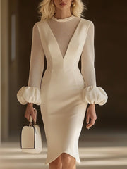【24-hour shipping out】Elegant Classic Splicing Mesh Puff Sleeve Midi Dress