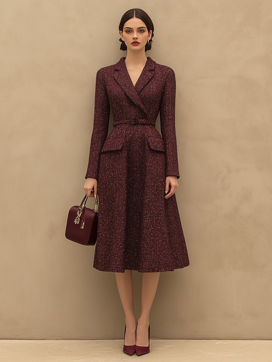 【24-hour shipping out】Vintage Elegant Ankola Red Tweed Lapel Dress