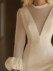 【24-hour shipping out】Elegant Classic Splicing Mesh Puff Sleeve Midi Dress