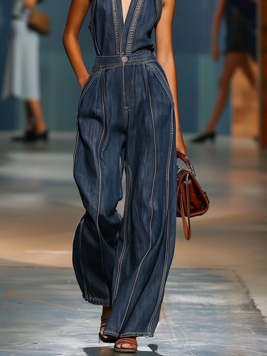 【24-hour shipping out】V-Neck Casual Retro Sleeveless Wide-Leg Denim Jumpsuit
