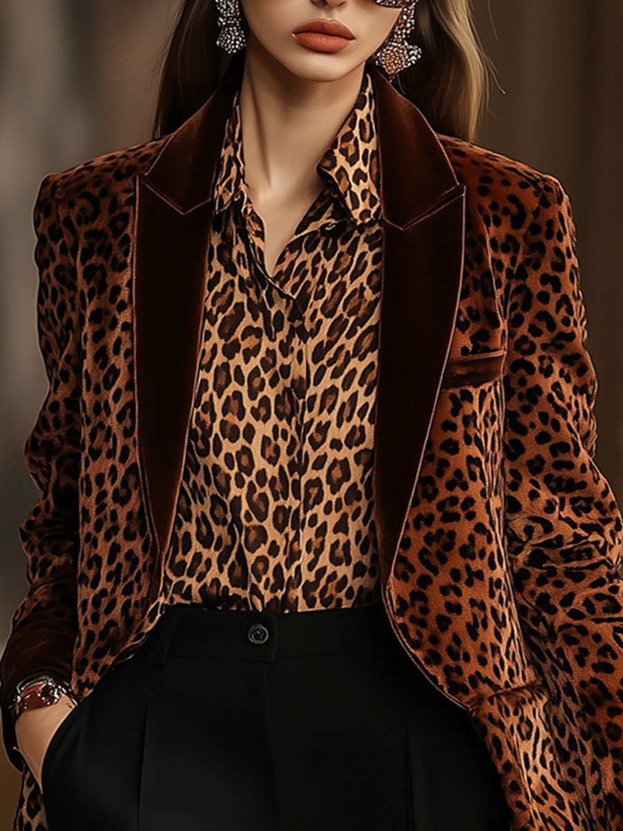 【24-hour shipping out】Casual Loose Retro Velvet Leopard Print Lapel Blazer